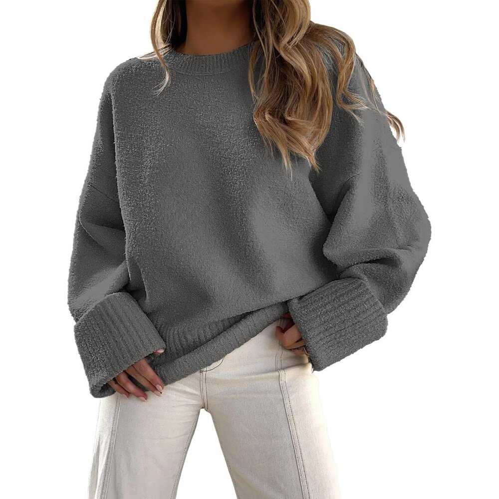 Women's Oversized Sweater Fuzzy Gray Long Sleeve Casual Chunky Pullover Fall
